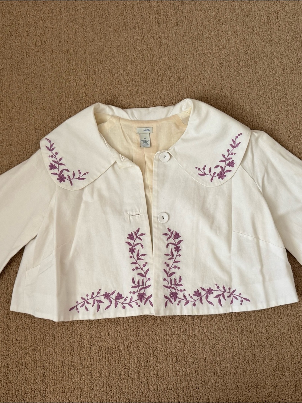 Vintage Odille White Cropped swing shrug jacket, Purple Floral Embroidery size12